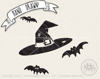 Witch Hat SVG Cut File, Bats SVG Cut File, Halloween Cutting File, Silhouette Cut File, Cricut Trick Or Treat SVG Halloween Graphic Overlay