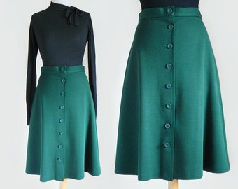70's Midi Length Front Button Jersey Knit Skirt in Forest Green / Medium