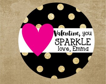 Glitter Heart Valentine Stickers, Personalized Gold Glitter, Kids Classroom Valentine Favor Stickers, Black & gold polkadot, Girl Valentine