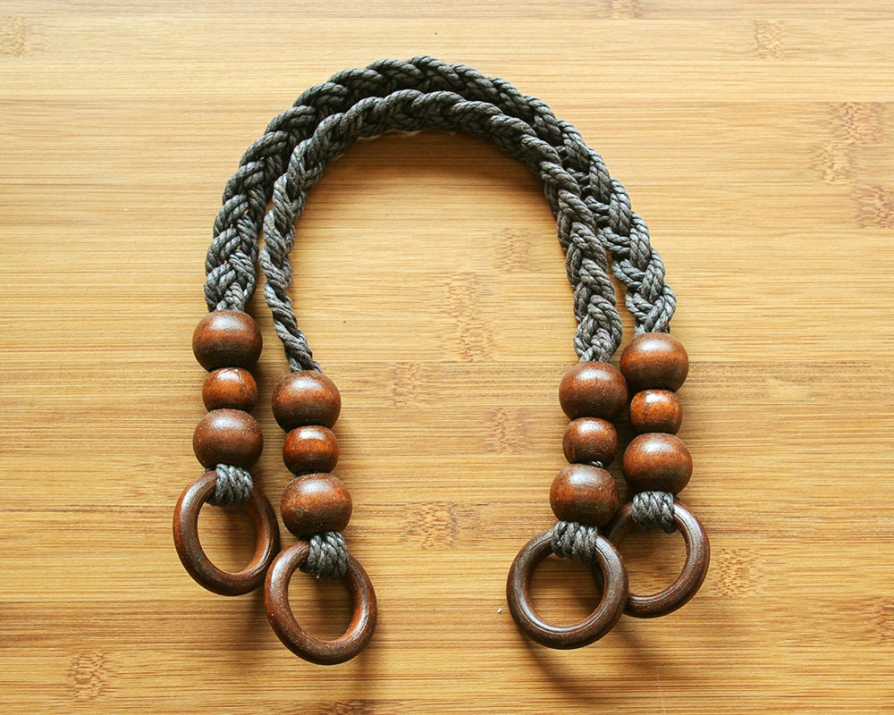 Pair of Brown Cord Bag Handles with Wood Ring 50cm 19.7