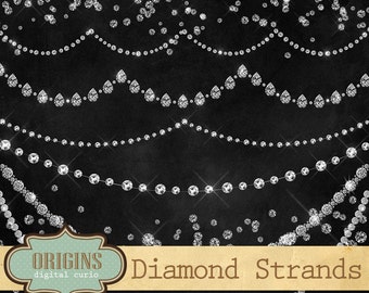Diamond Clipart, Diamond Strands, Diamond Necklace Clip Art, rhinestones, digital sparkle glitter bling confetti overlays, gem jewel clipart