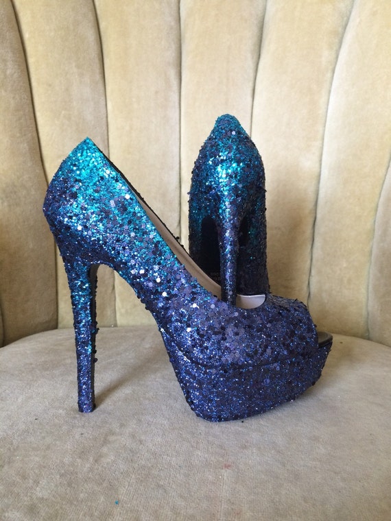 Glitter high heels. Ombre teal and dark navy blue. Bridal