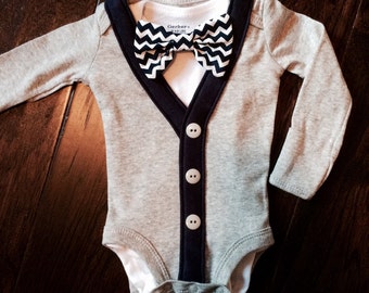 Preppy Baby Boy Cardigan, Onesie + Bow Tie Set