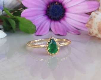 20% off- SALE!! Emerald Ring - May Birthstone - Gemstone Ring - Gold Ring - Bezel Ring - Slim Band - Teardrop ring - Simple Jewelry