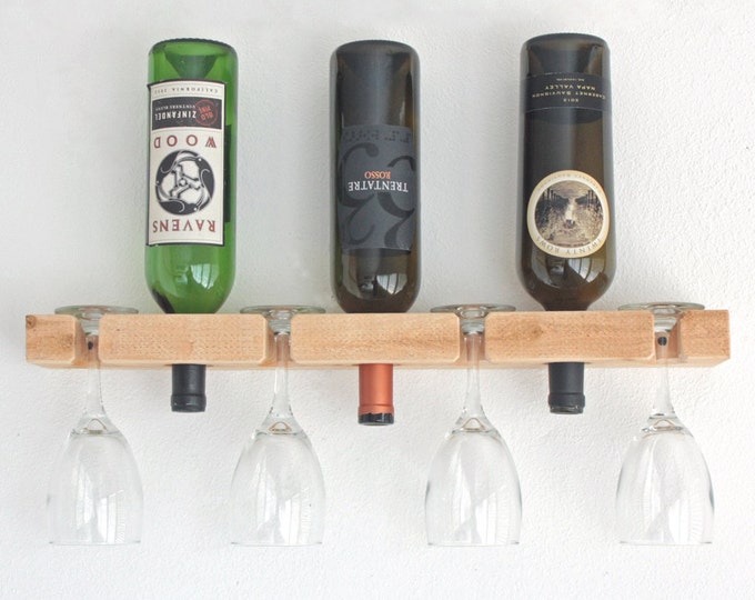 Wine Rack-Wall Mounted Wood Wine Rack Holds 3 Bottles & 4 Wine Glasses - Unfinished