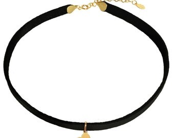 14k gold heart leather choker