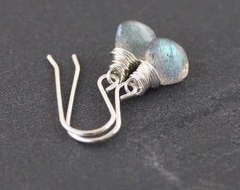 Labradorite & Sterling Silver Earrings. Dainty Drop Earrings. Flashy Blue Gemstone Jewelry. Wire Wrapped Earrings. Semi Precious Jewellery