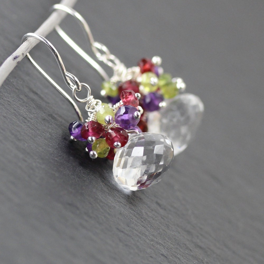 Multi Gemstone & Sterling Silver Cluster Earrings. Rock