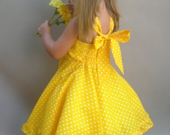 Yellow girls dress, Polka dot dress, Toddler twirl dress, Girls party dress, Little girl sun dress, One year photo dress, Yellow baby dress