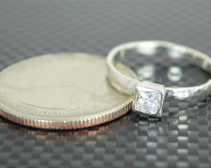 Square CZ Diamond Ring, Diamond Solitaire, Diamond Silver Ring, April Birthstone Ring, Square Stone Mothers Ring, Square Stone Ring