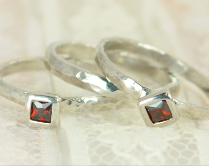 Square Garnet Engagement Ring, 14k White Gold, Garnet Wedding Ring Set, Rustic Wedding Ring Set, January Birthstone, Solid Gold, Garnet Ring