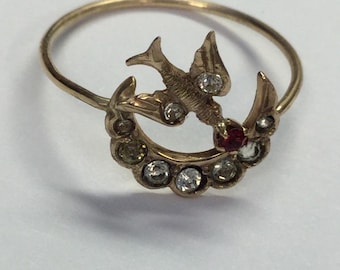 Antique Art Nouveau 10k Yellow Gold Sparrow Bird Moon Ring