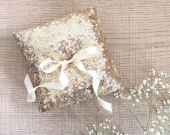 Wedding ring pillow, ring bearer pillow, champagne gold sequin ring pillow, sparkly ring bearer pillow, wedding gift for her