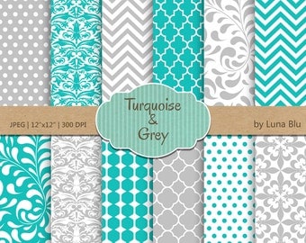 Turquoise and Gray Digital Paper: "Turquoise and Gray Patterns" for invitations, scrapbooking, cardmaking, crafts