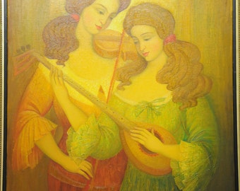 Oil on Canvas Original Signed Painting by Marina Grigoryan The Playing Sisters Unique Art