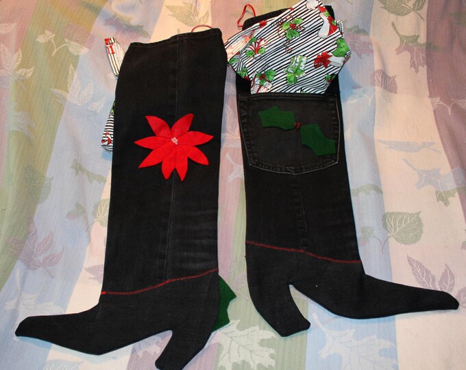 HALF PRICE ** Matched Pair of Poinsettia and Holly Christmas Stockings of Upcycled Black Denim. Holiday Motif Bags