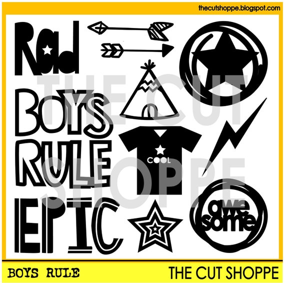 The Boys Rule cut file set includes 11 boy themed icons, that can be used on your scrapbooking and papercrafting projects.