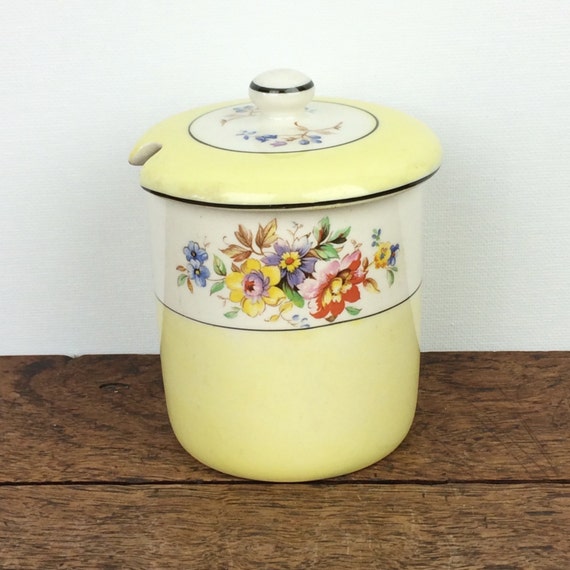 Vintage yellow floral ceramic jam pot with lid made by Johnson