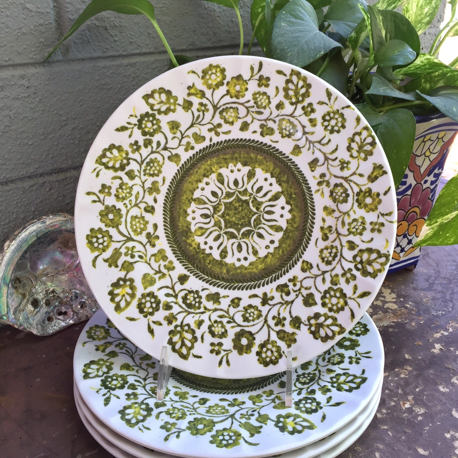 4 Boho Picnic Plates Prolon Melamine Green Floral Vine Plate