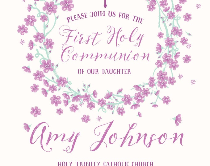 First Communion Invitation. First Holy Communion. Printable Party invitation. Floral First Communion invitation.