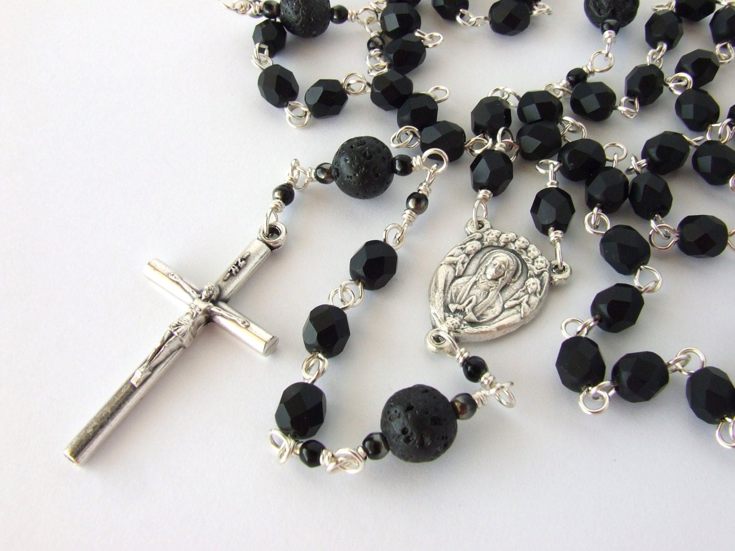 Catholic Rosary Black Five Decade Rosary Beads with Our Lady