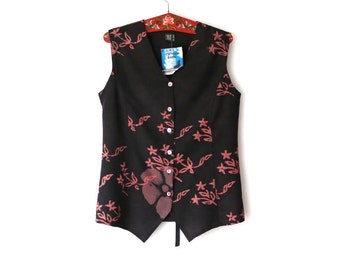 Cotton Stempel Batik Blouse Floral Print Dark Brown Dark Pink Sleeveless Blouse Vest Art Wear Large Size