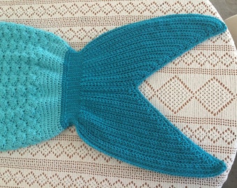Mermaid Tail Blanket ADULT SIZE Turquoise Blue Ocean Inspired Handmade Crochet Soft Knit Fabric with Tail Pocket for Feet