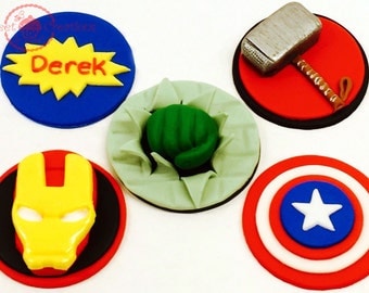 Fonndant edible Avengers Cupcake Toppers, Superhero, 3D Hulk, Captain America, 3D Thor Hammer and IronMan