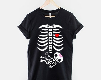 Pregnant Skeleton Baby Girl Maternity Halloween Costume Pink Bow T-Shirt