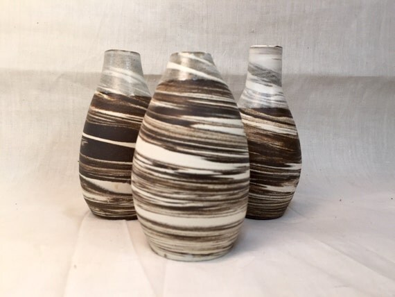 Modern ceramic bud vases in natural black and white swirled clay SET OF THREE