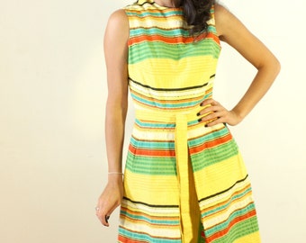 1950s Yellow Striped Summer Dress with Original Belt and Pockets