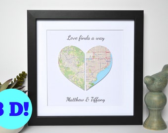 Map Art for Long Distance Relationship- 1st Anniversary Gift, Paper Anniversary, Paper Heart Map Art, Framed Wall Art, Map Decor, Map Print