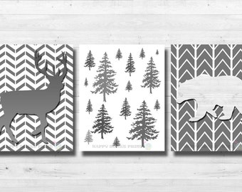 Woodland animals Nursery wall prints |Baby shower gift White-gray bear,deer bedding Rustic Woodland decor Woodland Creatures canvas art 169