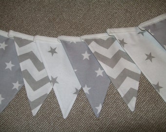 Beautiful Cotton Double Sided Bunting - Grey Stars and Chevrons- Nursery, Baby Boy, Christening