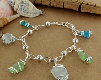 Blue & Green Sea Glass Charm Bracelet