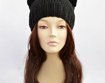Black Cat Hat, Cat Ears, Cat Ear Hat, Womens Cat Beanie, Cat Ear Beanie, Knit Hat, Ears Hat, Knitted Hats, Bonnet Femme, Hat with Cat Ears