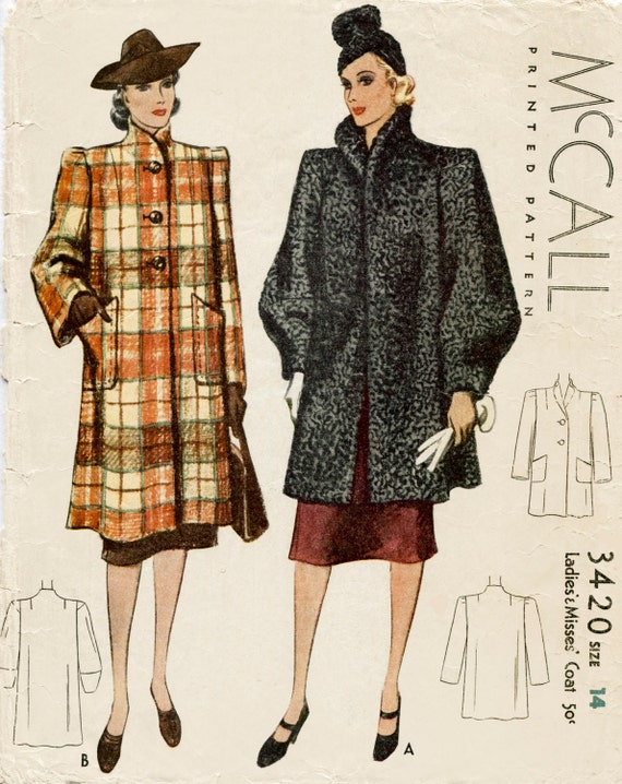 Vintage Sewing Pattern 1930s 30s McCall 3420 oversized coat