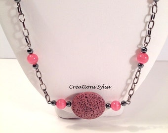 Pink long Necklace, Antique pink glass beads necklace, Antique pink volcanic stone necklace, Pink mode necklace, Original necklace C104