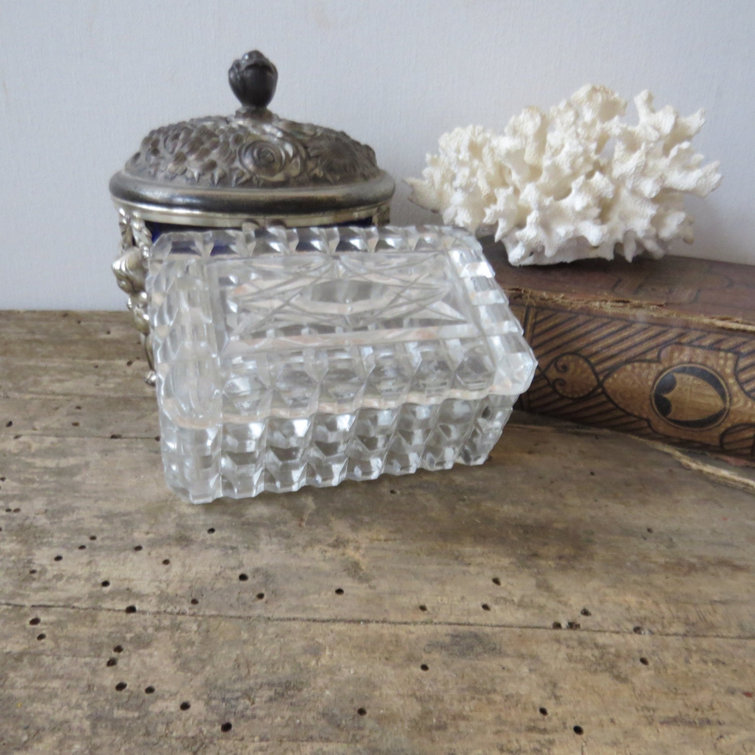 Antique Cut Glass Trinket Box Dresser Storage Clear Glass