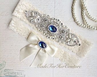 Royal Blue Wedding Garter, Bridal Garter Set, Blue Garter Set, Crystal Pearl Garter, Vintage Garter, Wedding Garter Belt-Something Blue