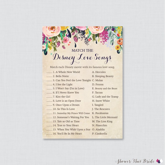 Disney Love Songs Match Game Printable Floral Bridal Shower