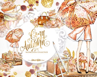 Autumn Clipart, Fall Clipart, Fall Fashion Clipart Handpainted Watercolor Floral Illustration Chrysanthemum Girls Blog Gold Glitter Romantic