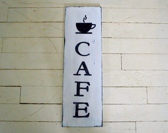 Hand Painted "Café" Wood Sign / Distressed White Finish / 24"x 8" / Black Letters on White Background