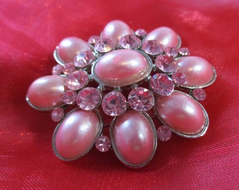 Vintage Pink Faux Pearls and Rhinestones Pin, Brooch