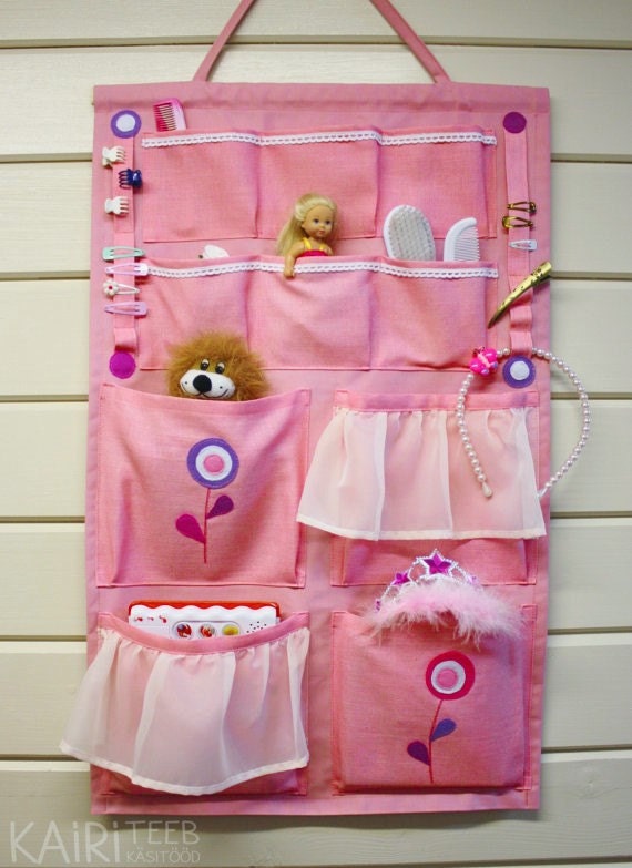 Items similar to Wall organizer, pink girls room hanging pocket storage ...