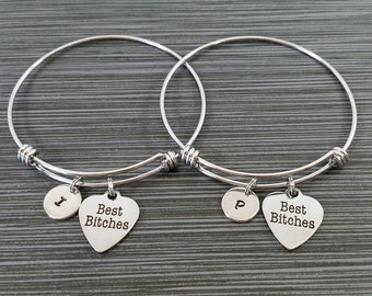 Two Best Bitches Bangles - Best Friend Charm Bracelet - Expandable Bracelet - Initial Bracelet - Friendship Bracelet - Friend Gift