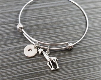 Giraffe Bangle Bracelet - Giraffe Bracelet - Expandable Bangle - Giraffe Charm Bangle - Initial Bracelet - Safari Bangle - Personalized Gift