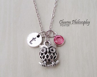 Owl Necklace - Owl Jewelry - Monogram Personalized Initial and Birthstone