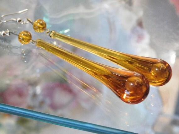 Chandelier Earrings Art Nouveau Amber Glass Teardrop Earrings Victorian Prism Topaz Glass Fish Hook Fishhook Upcycle Repurpose Earrings