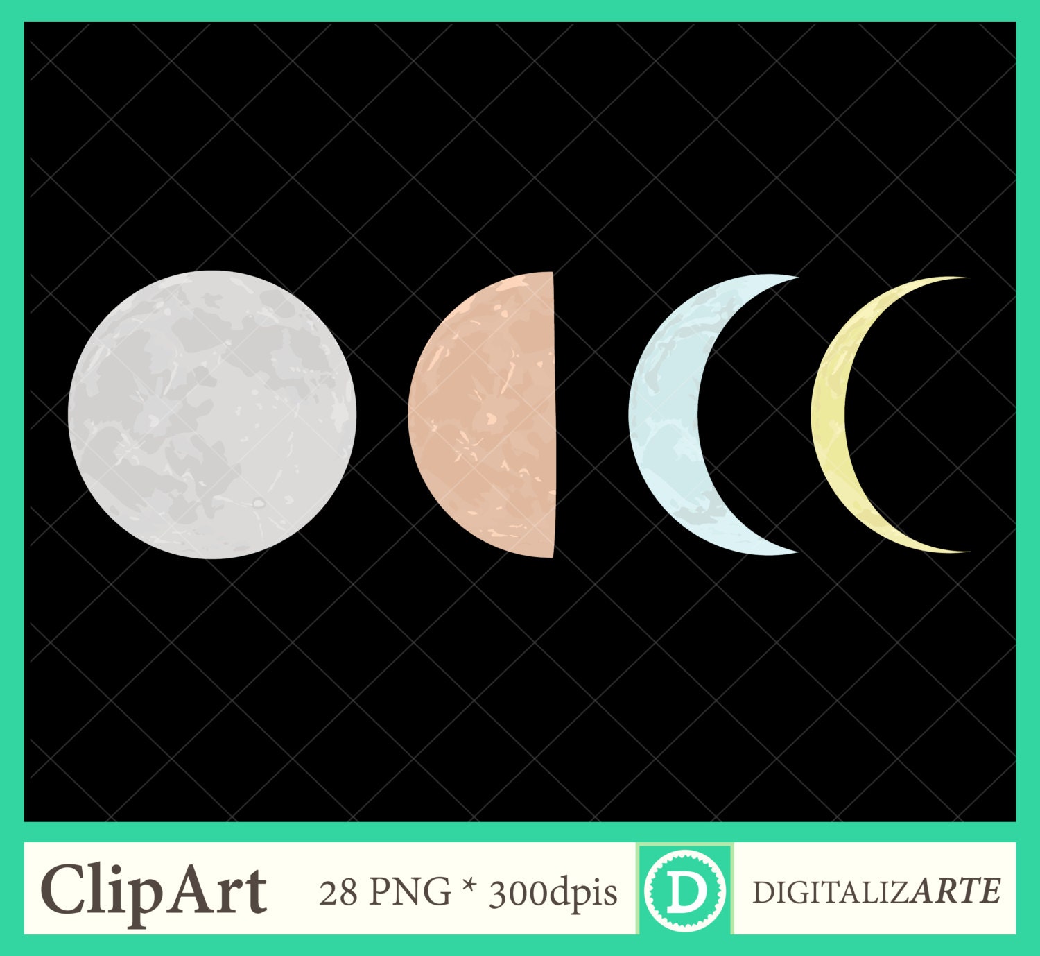  Moon  Phases  Digital Gray Orange  Blue and Yellow Moon  28